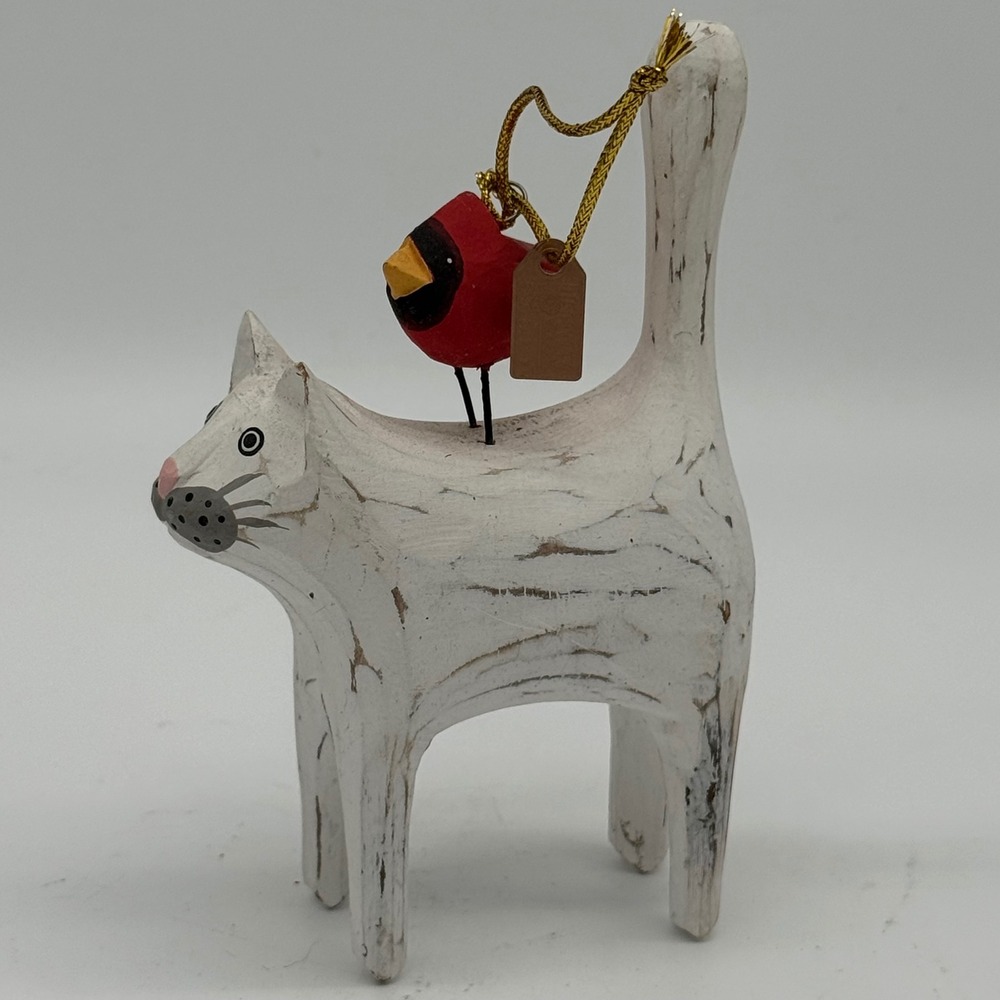 Vintage Discovery Channel Store Ornimals Carved Wood Cat Cardinal Ornament Tag